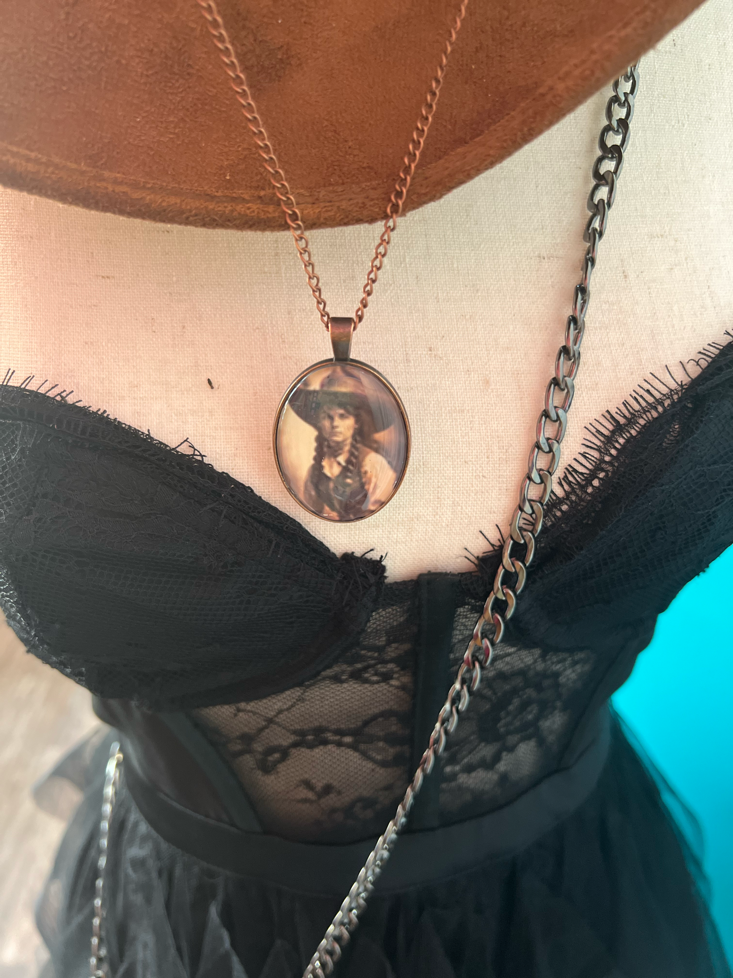 Vintage Cowgirl Pendant Necklace Copper
